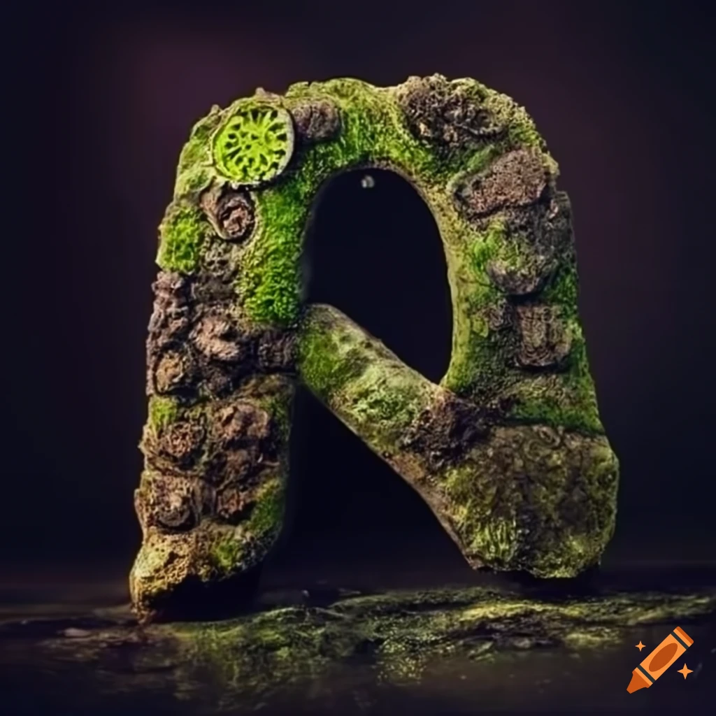 steampunk style letter A on a mossy stone