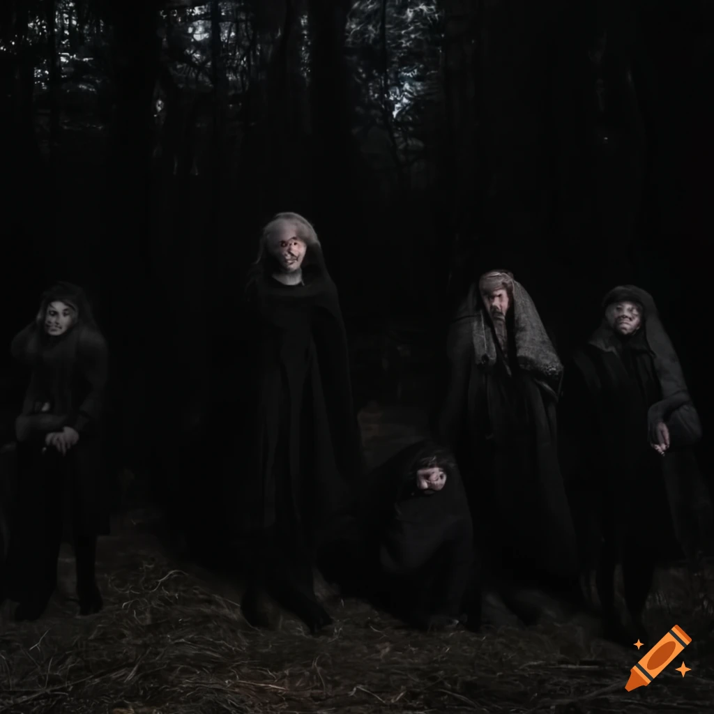 group of people in a dark forest at night