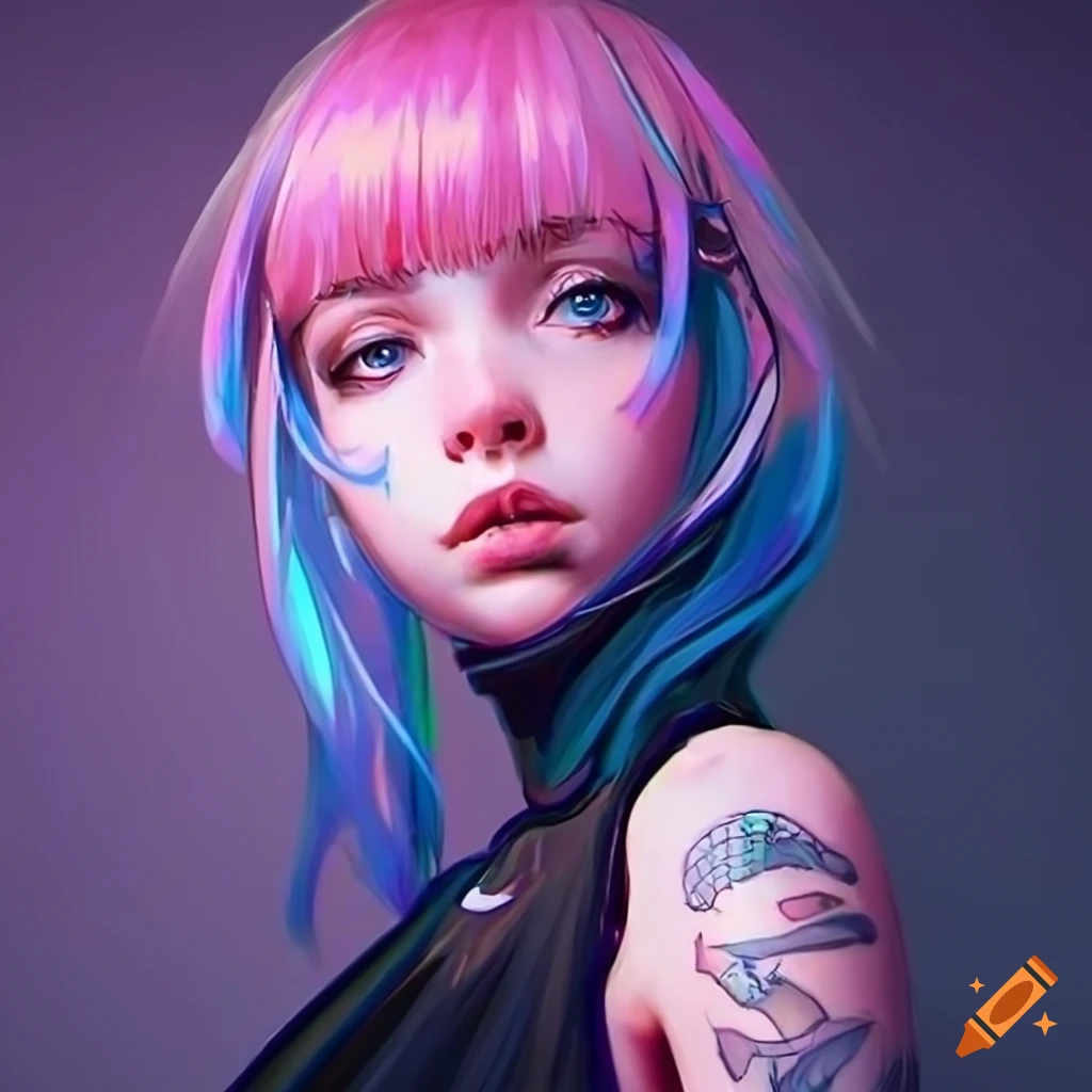 realistic artwork of a futuristic cyberpunk girl with pastel hair