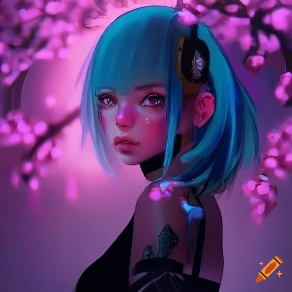 realistic artwork of a cyberpunk girl with pastel hair and tattoos
