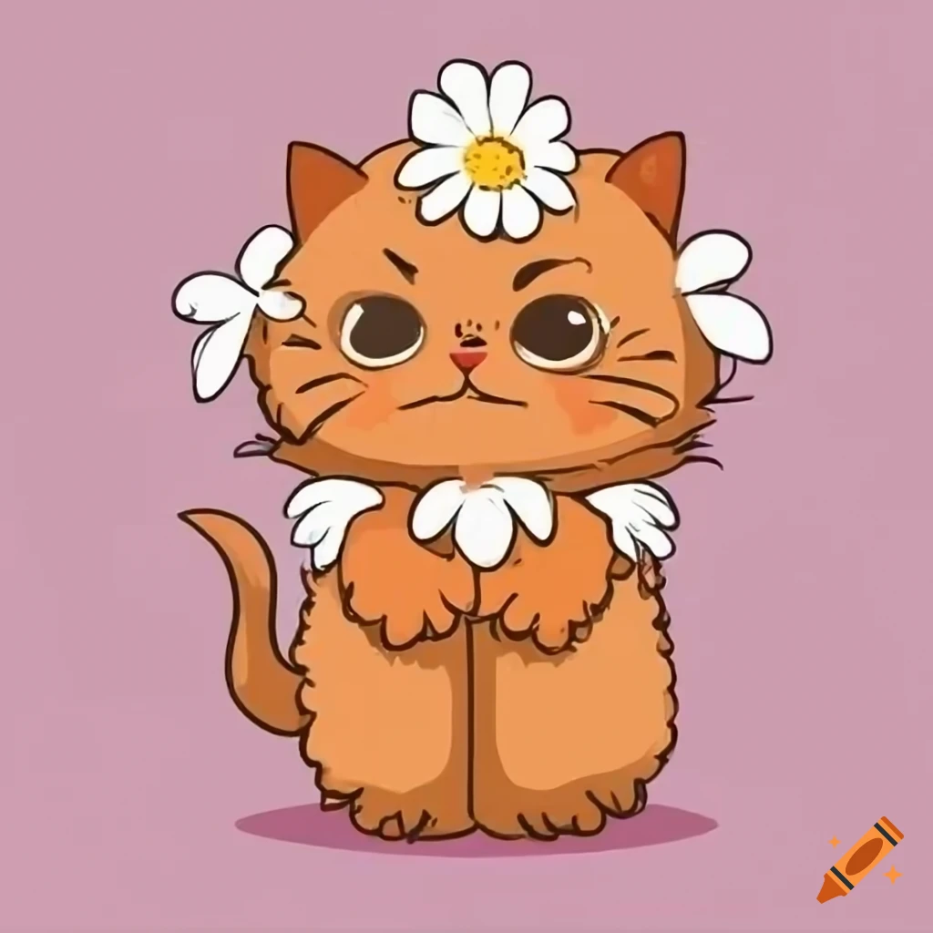 doodle of an orange persian cat with a white daisy flower
