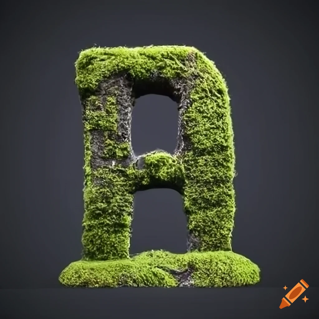 moss-covered stone letter A on dark background
