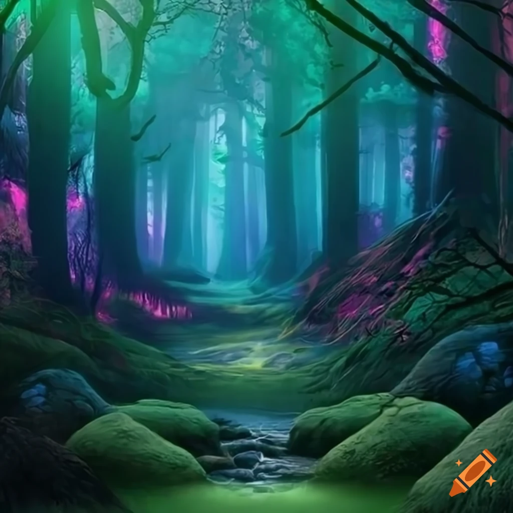 photo-realistic neon forest landscape