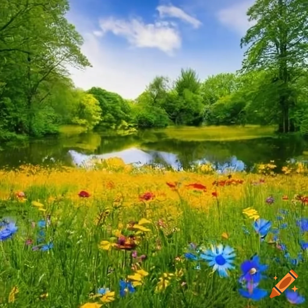 Colorful flower meadow in a forest surrounded by a pond on Craiyon, image size:1024x1024