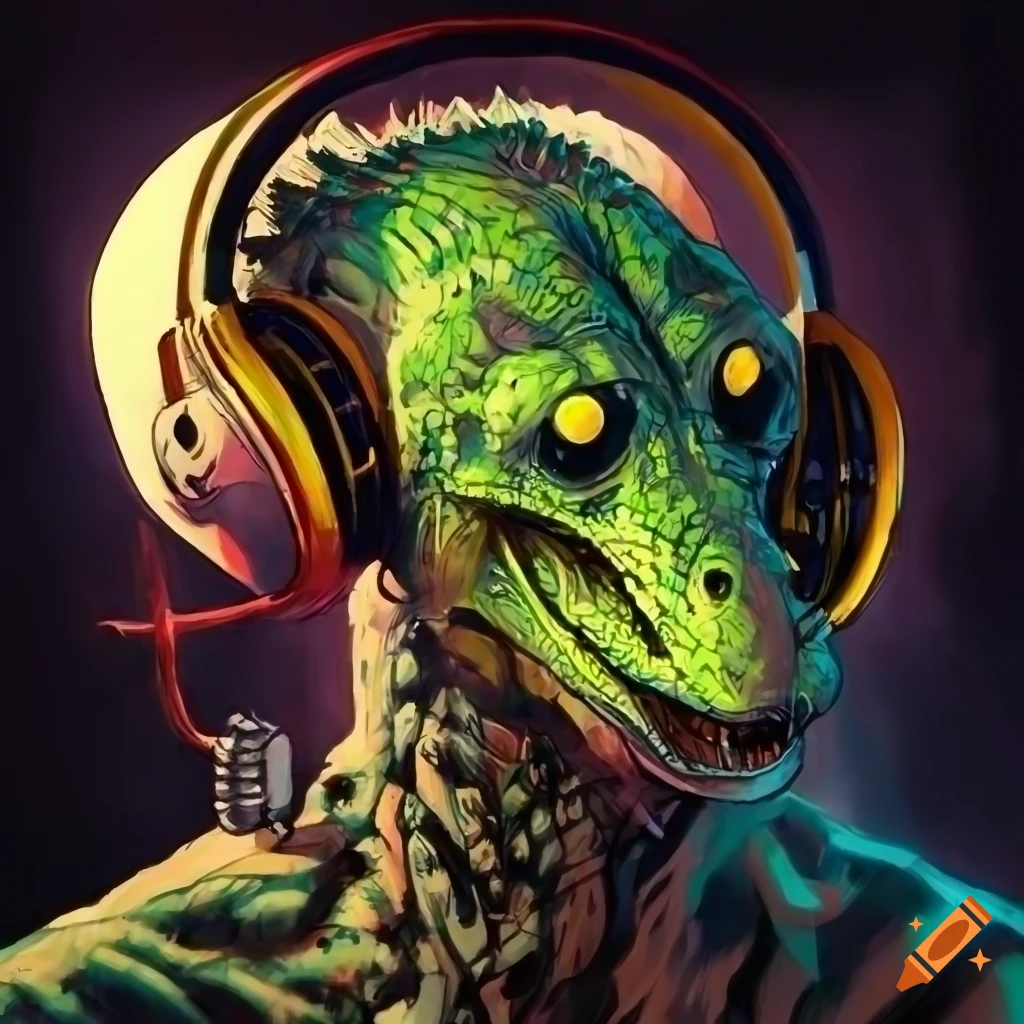 Simon Bisley-style artwork of a lizard DJ