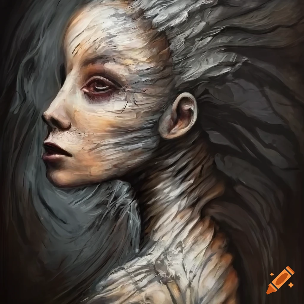 Detailed scratched wood portrait painting of a pale female creature on ...