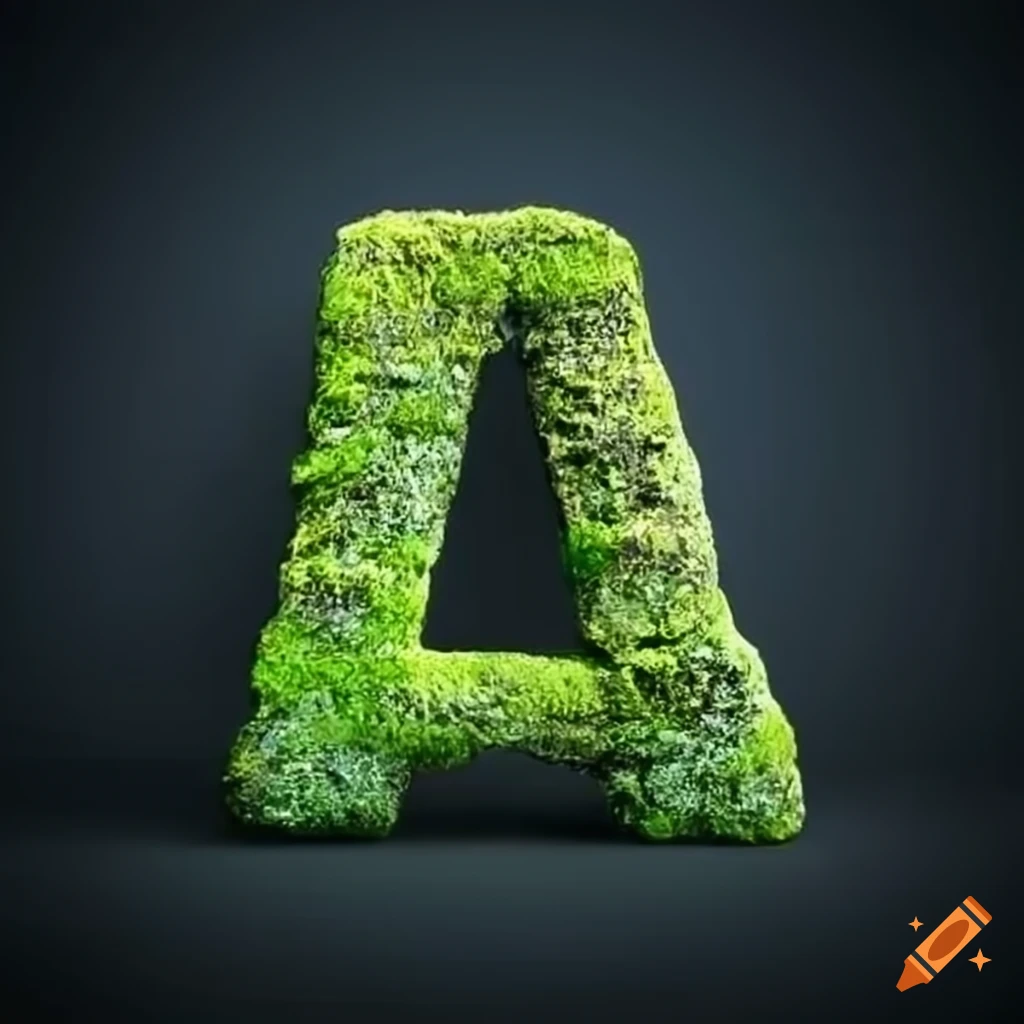 moss-covered stone letter A on dark background