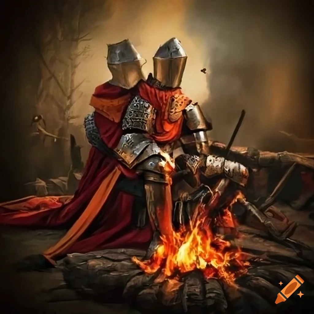 Knights resting at campfire after battle on craiyon