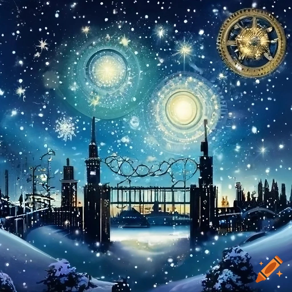 magical steampunk winter scene with sparkling stars