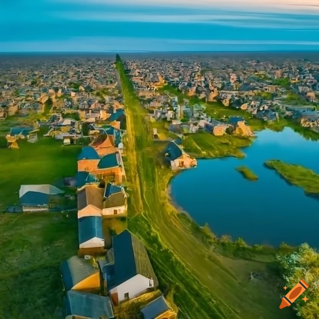Aerial view of a modern village with a pond on Craiyon
