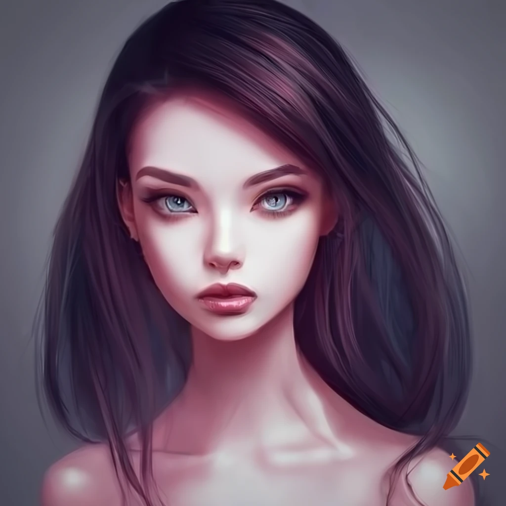 Portrait of a young woman with green eyes and long black hair on Craiyon
