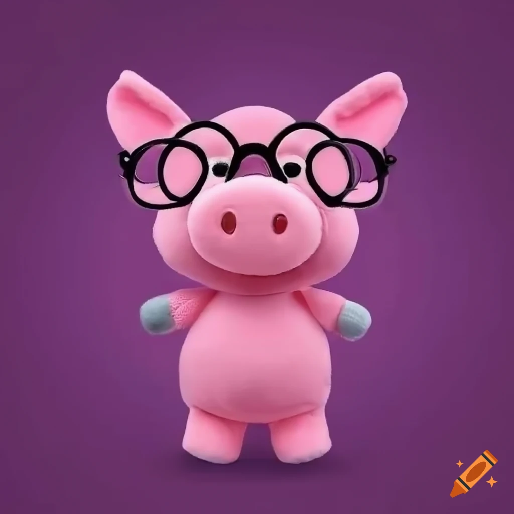 cute plushie of a pink pig with black glasses