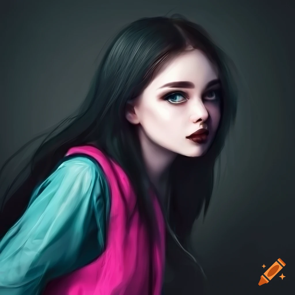 Portrait of a young woman with green eyes and long black hair