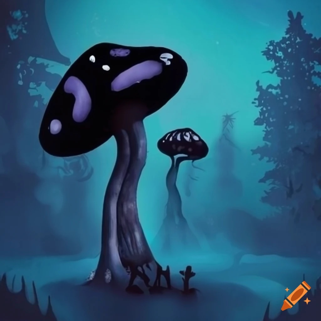 blue forest with black mushrooms in Tim Burton style