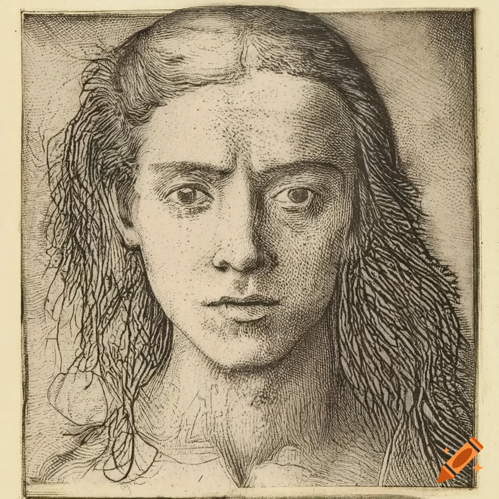 Etching of a young man with long dark hair on Craiyon