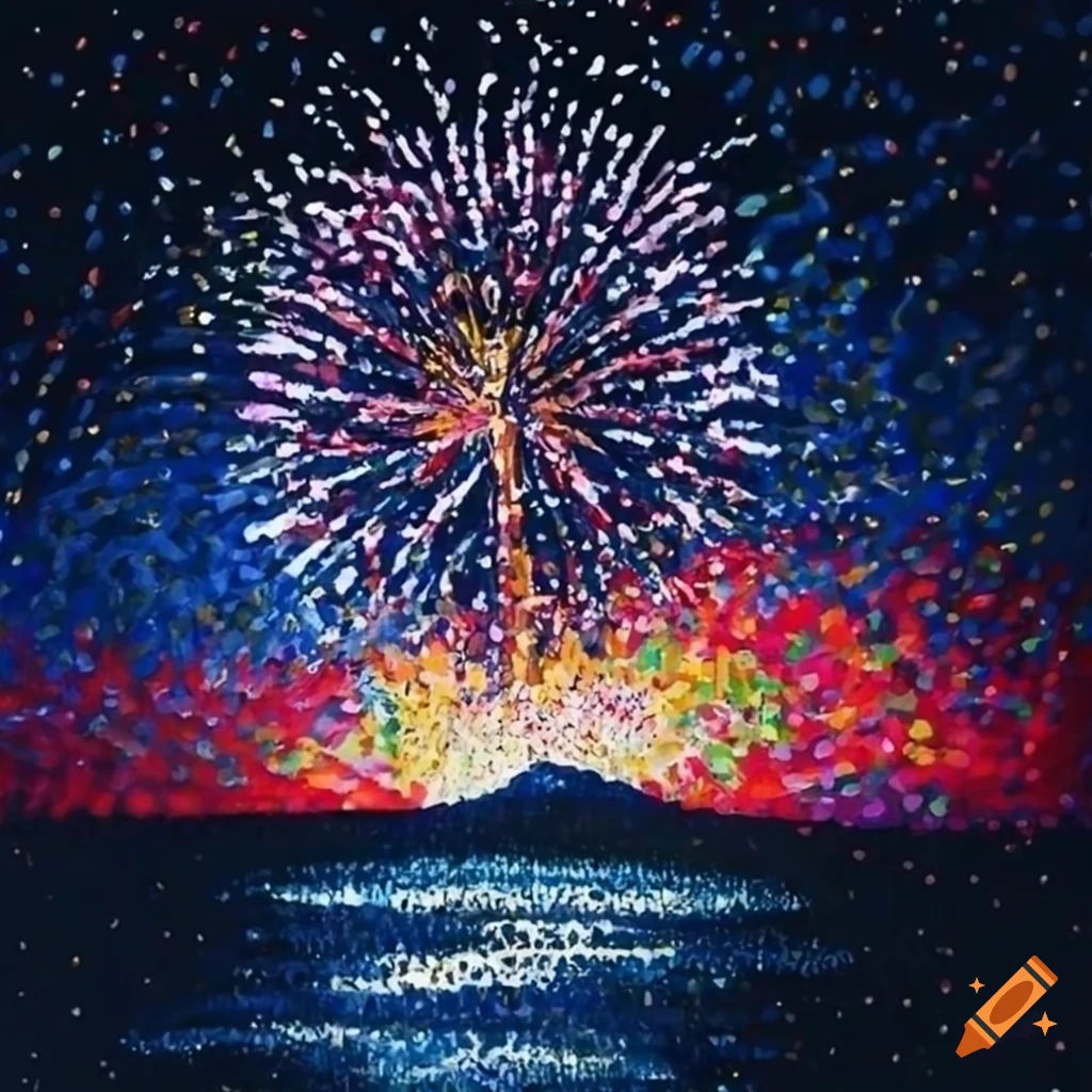 pointillism artwork of a Labrador among fireworks
