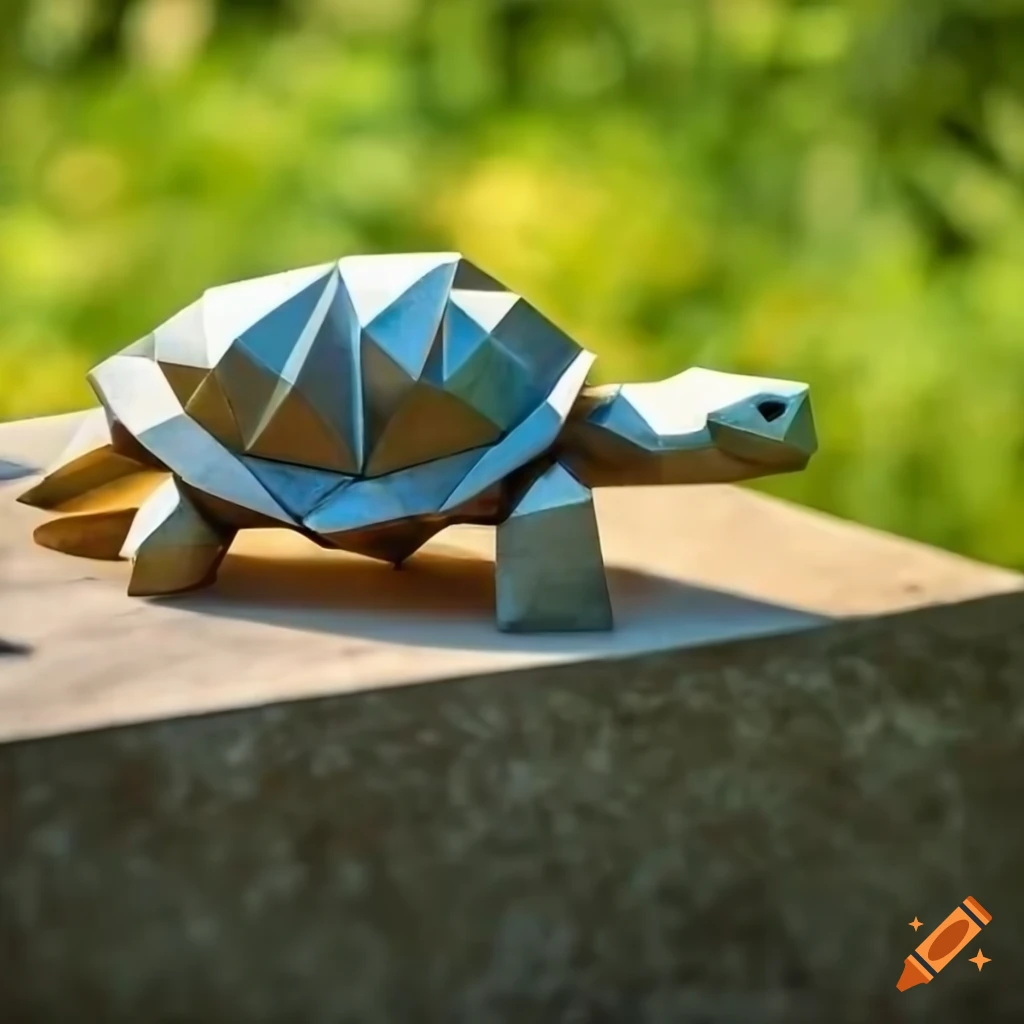 Marble sculpture of a geometric turtle in nature