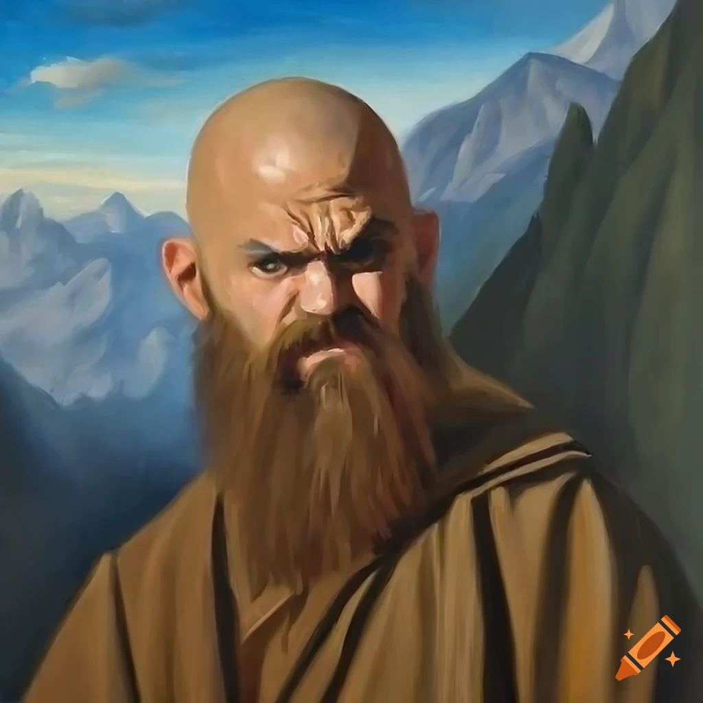 oil painting of an angry bearded monk in mountain peak
