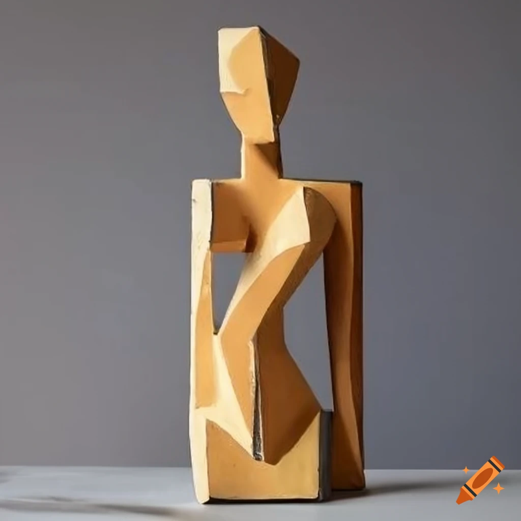cubist sculpture of a female figure made of rough painted wood