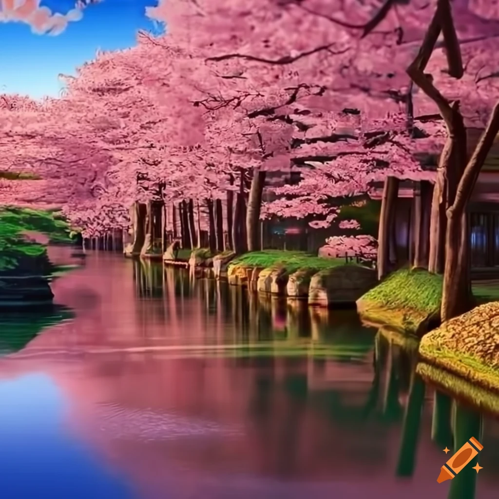 Serene Japanese cherry blossom garden with wooden bridges and pagodas ...