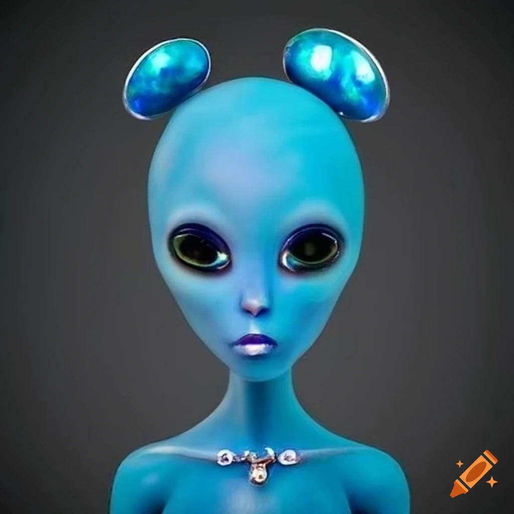 fluffy blue alien with opal jewelry
