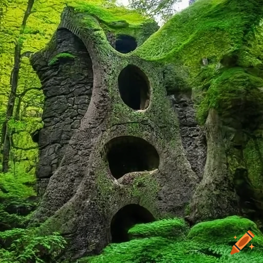 Biomorphic stone castle surrounded by giant ferns on Craiyon