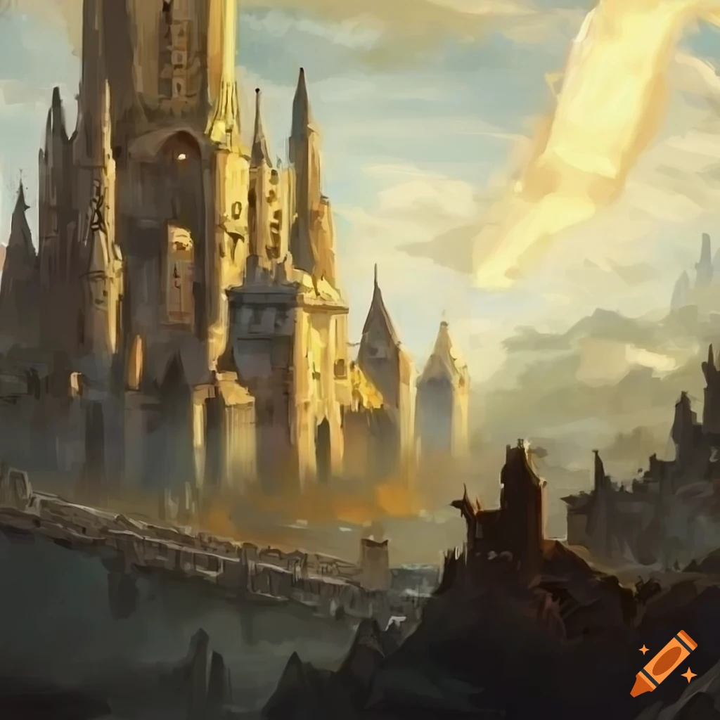 art of a white towered city in a fantasy landscape