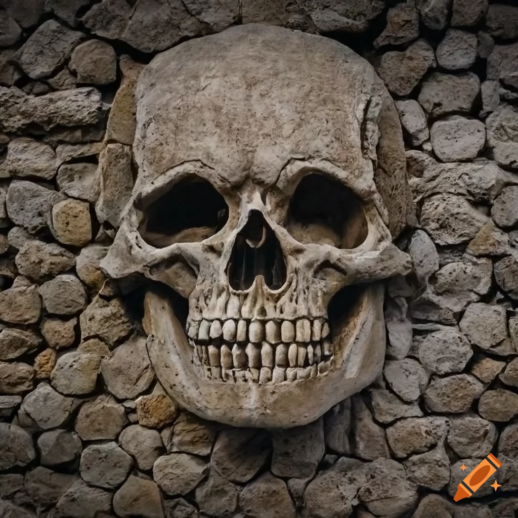 Ancient stone wall diagram of a quantum skull on craiyon