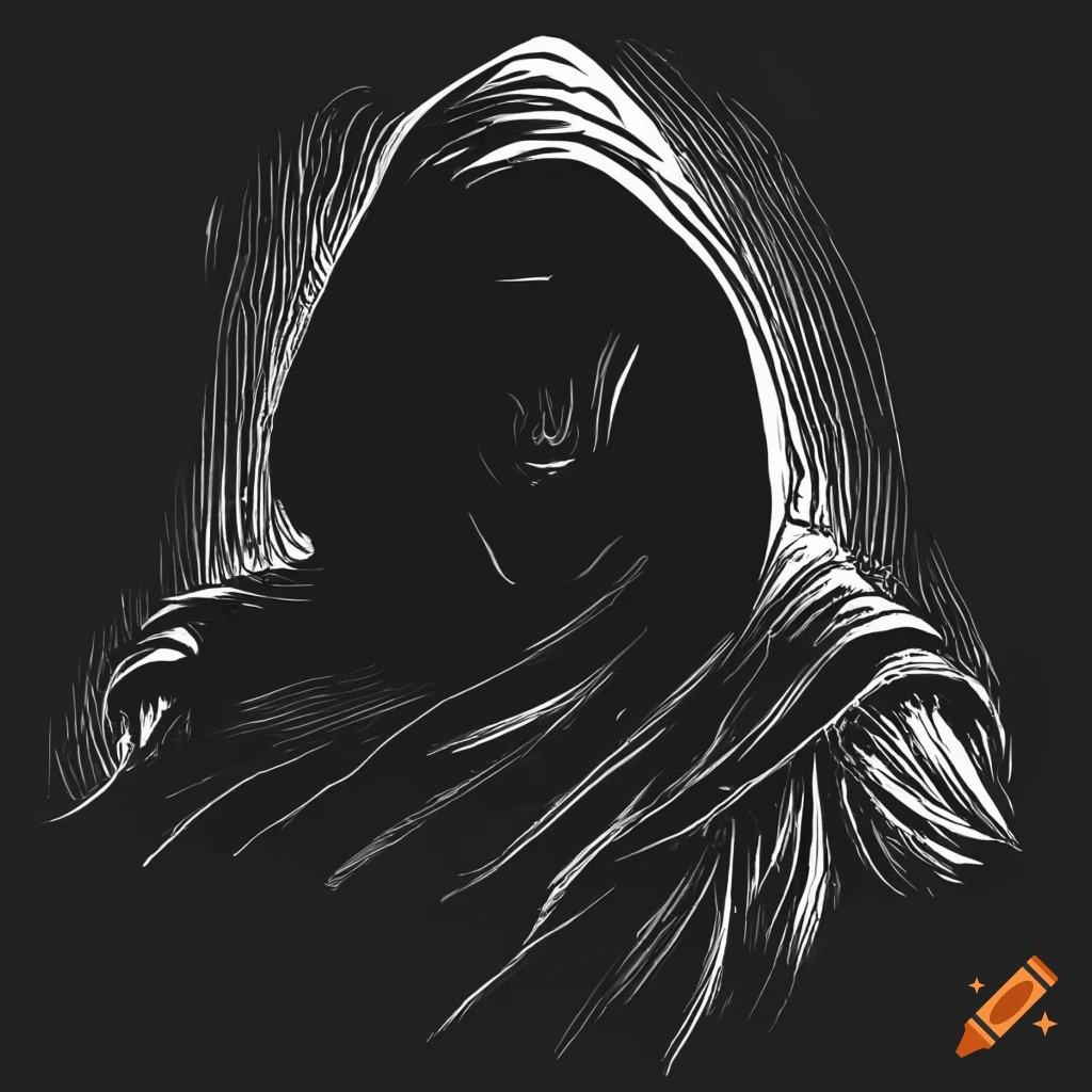 Black and white concept art of a dark hooded figure on Craiyon