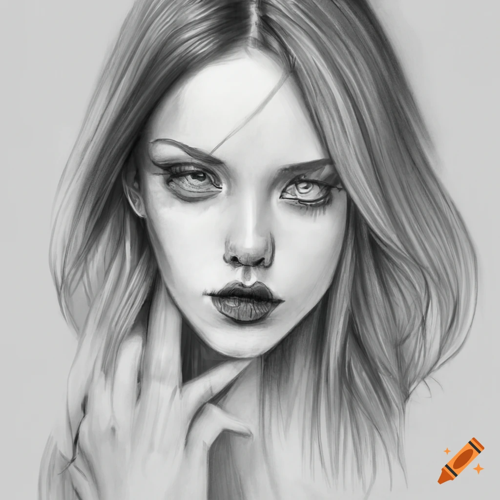 detailed pencil sketch of a young woman with a stern expression
