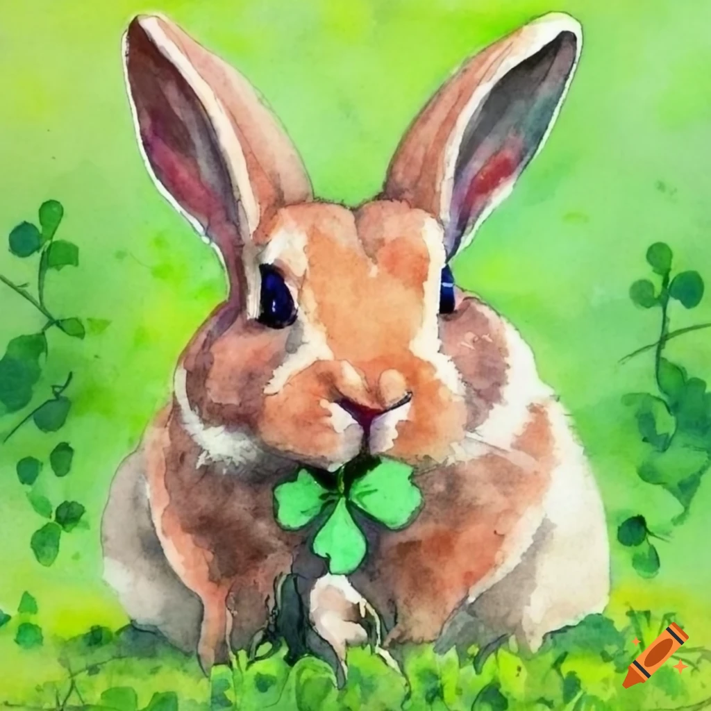 Watercolor of a rabbit eating a lucky 4-leaf clover on Craiyon