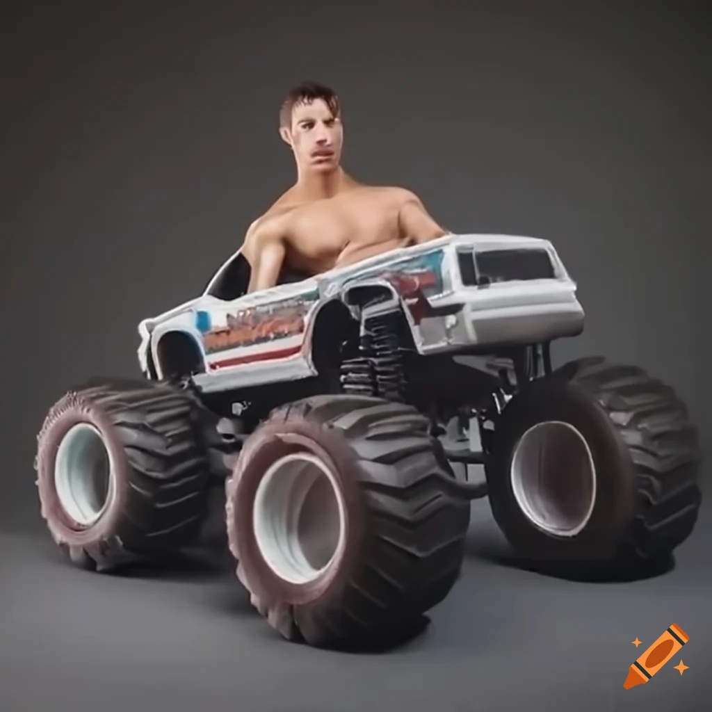 toy monster truck with muscular bodybuilder inside