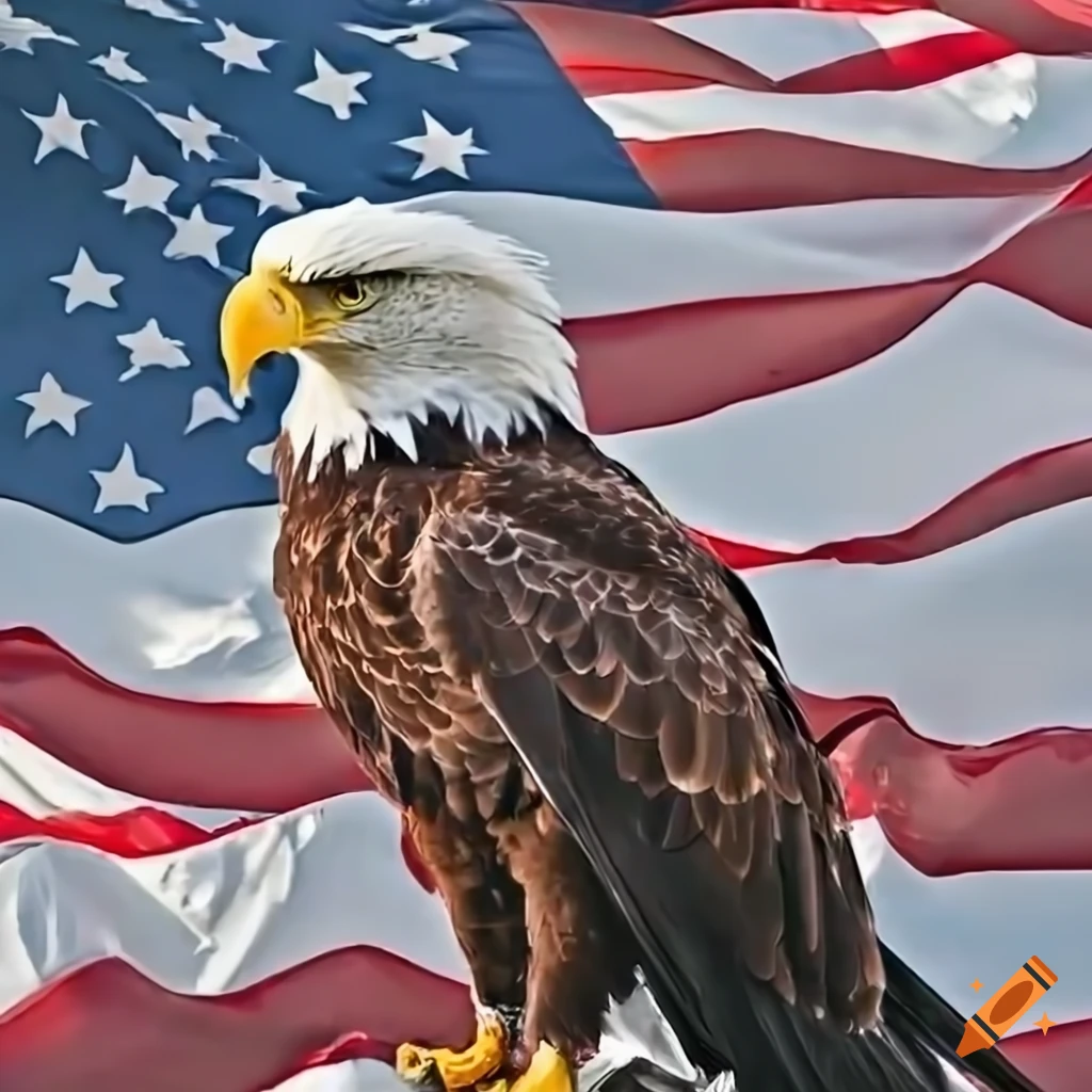 bald eagle with American flag in the background