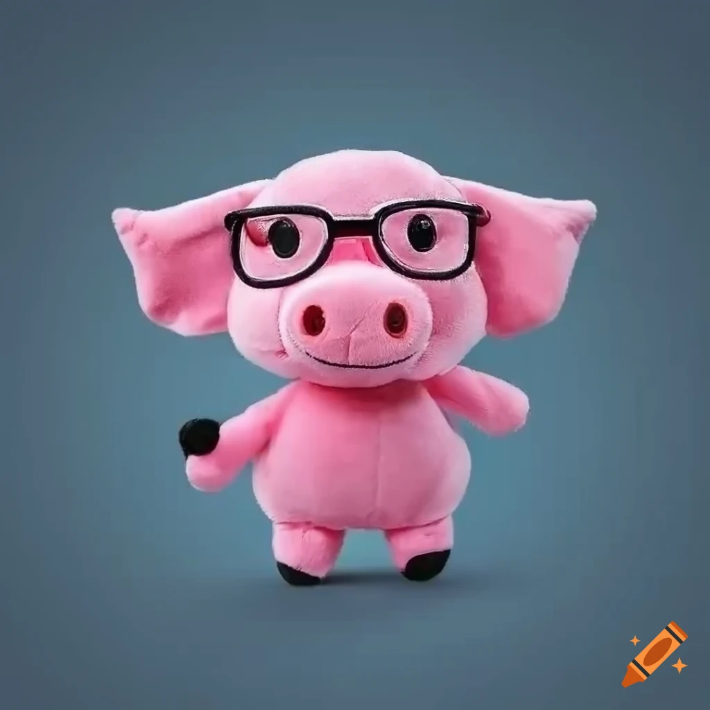 cute plushie of a pink pig with black glasses