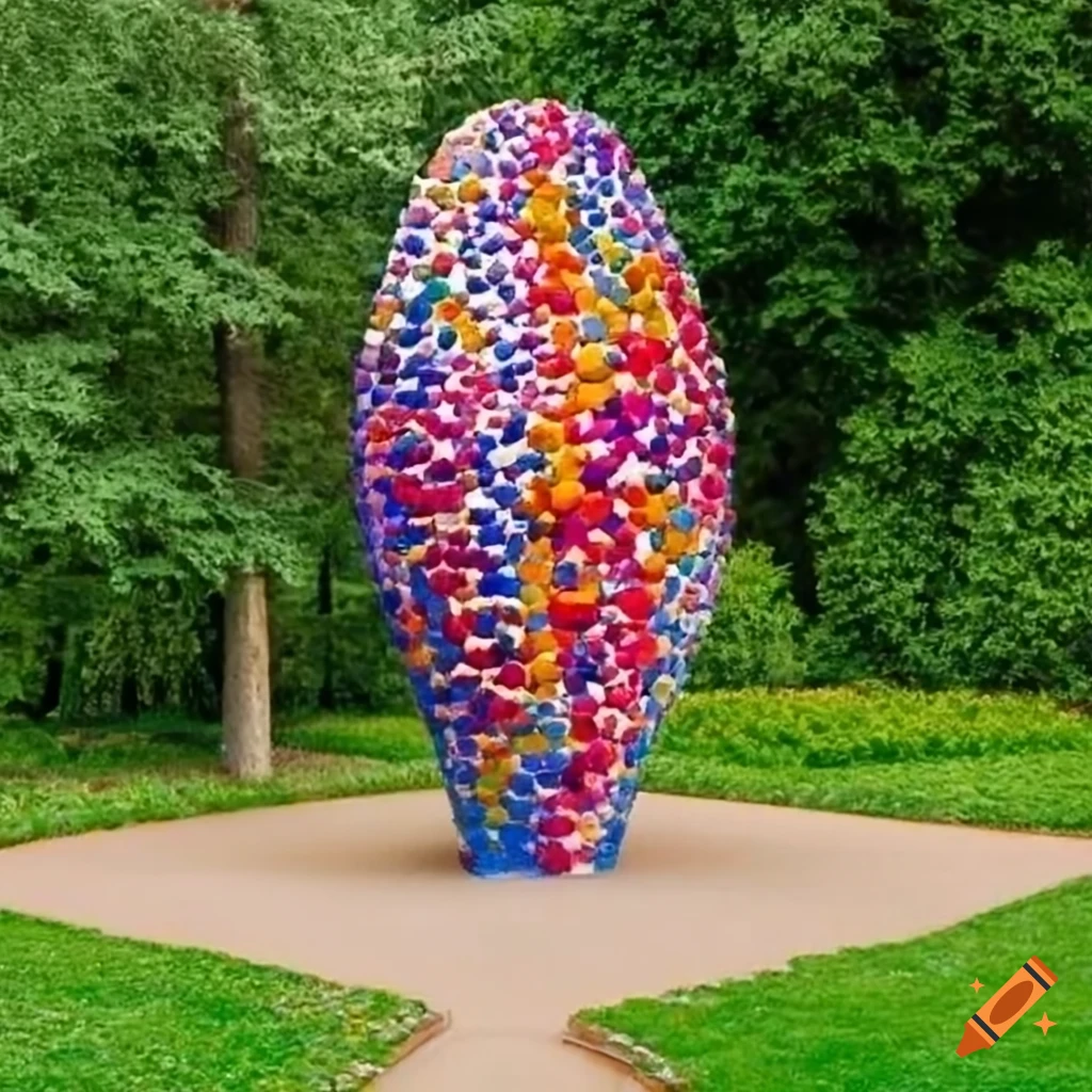 Organic pointillism sculpture in a flourishing garden on Craiyon