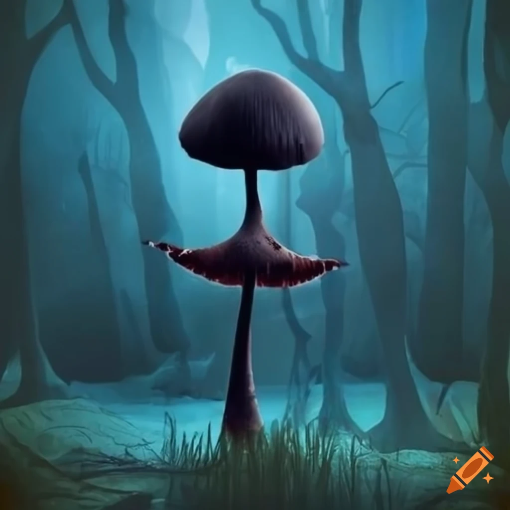 tim burton style black mushroom in blue forest