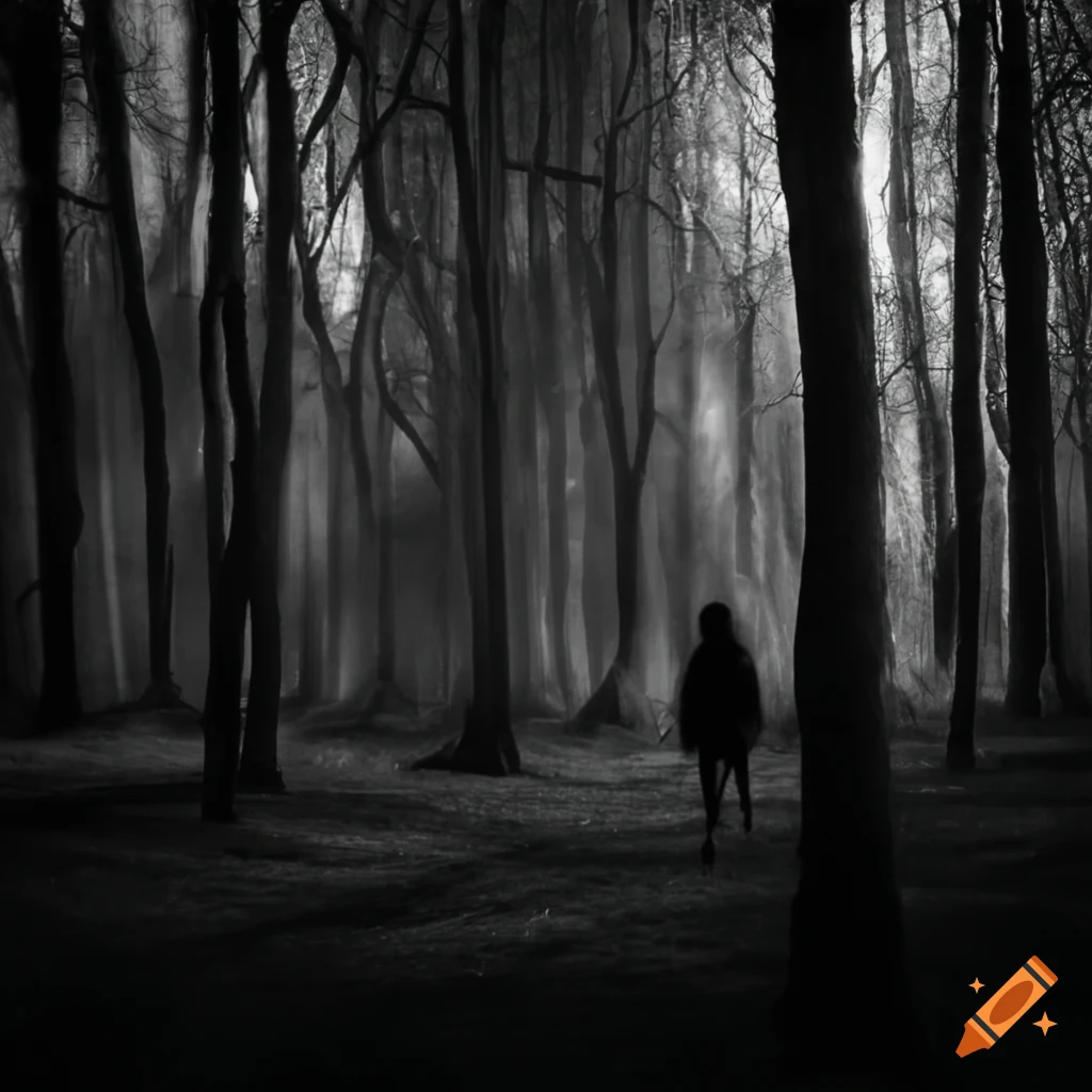 Black and white photo of a woman in a forest on Craiyon