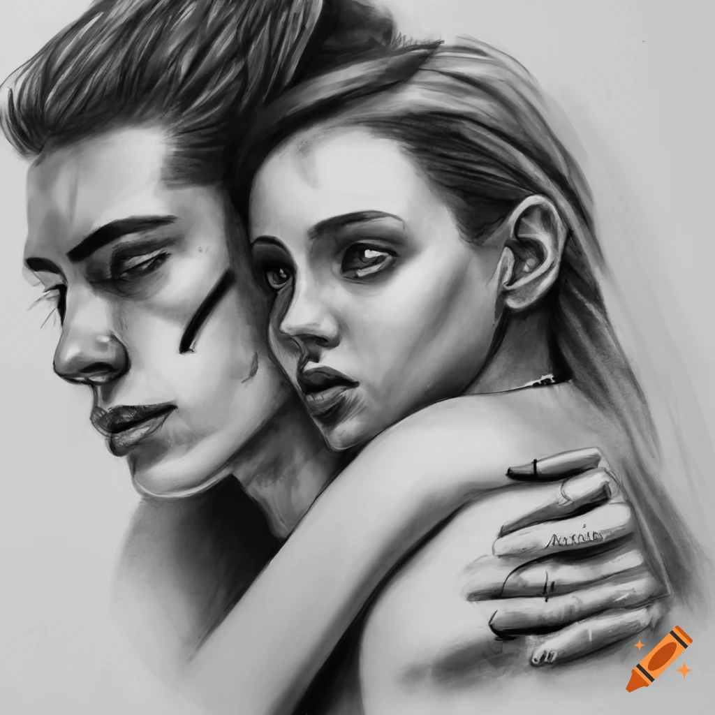 detailed monochromatic pencil sketch of a man with a young woman