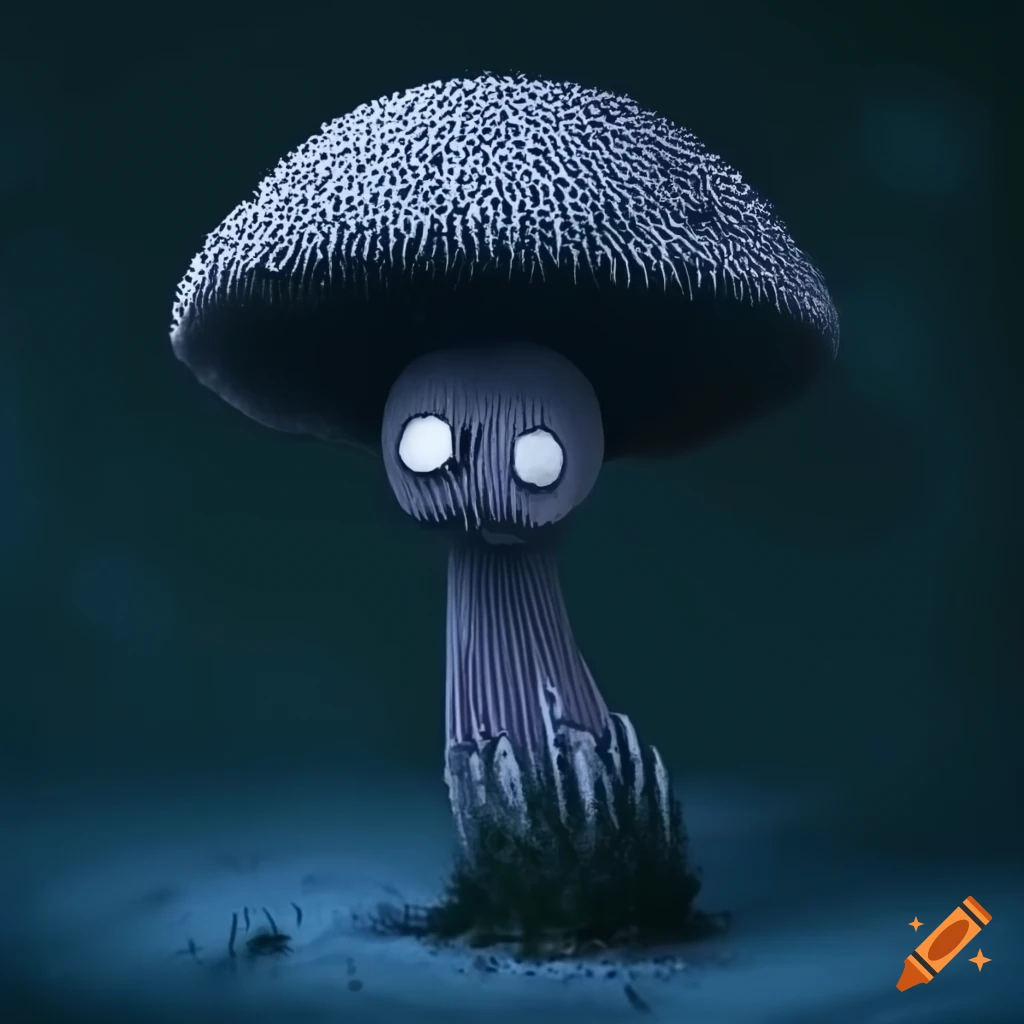 tim burton-style black mushroom in a blue forest