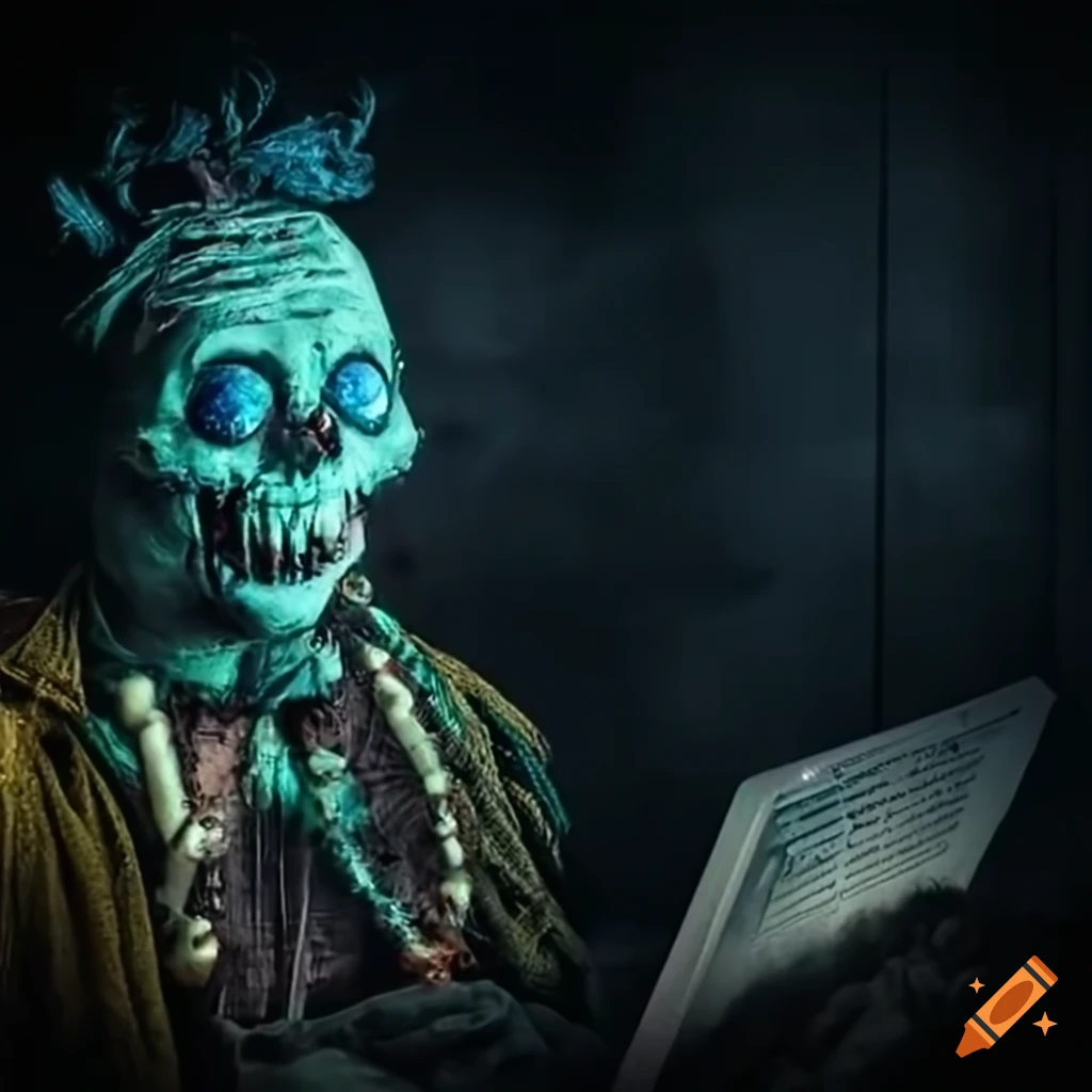 wool-made voodoo doctor in a haunted office