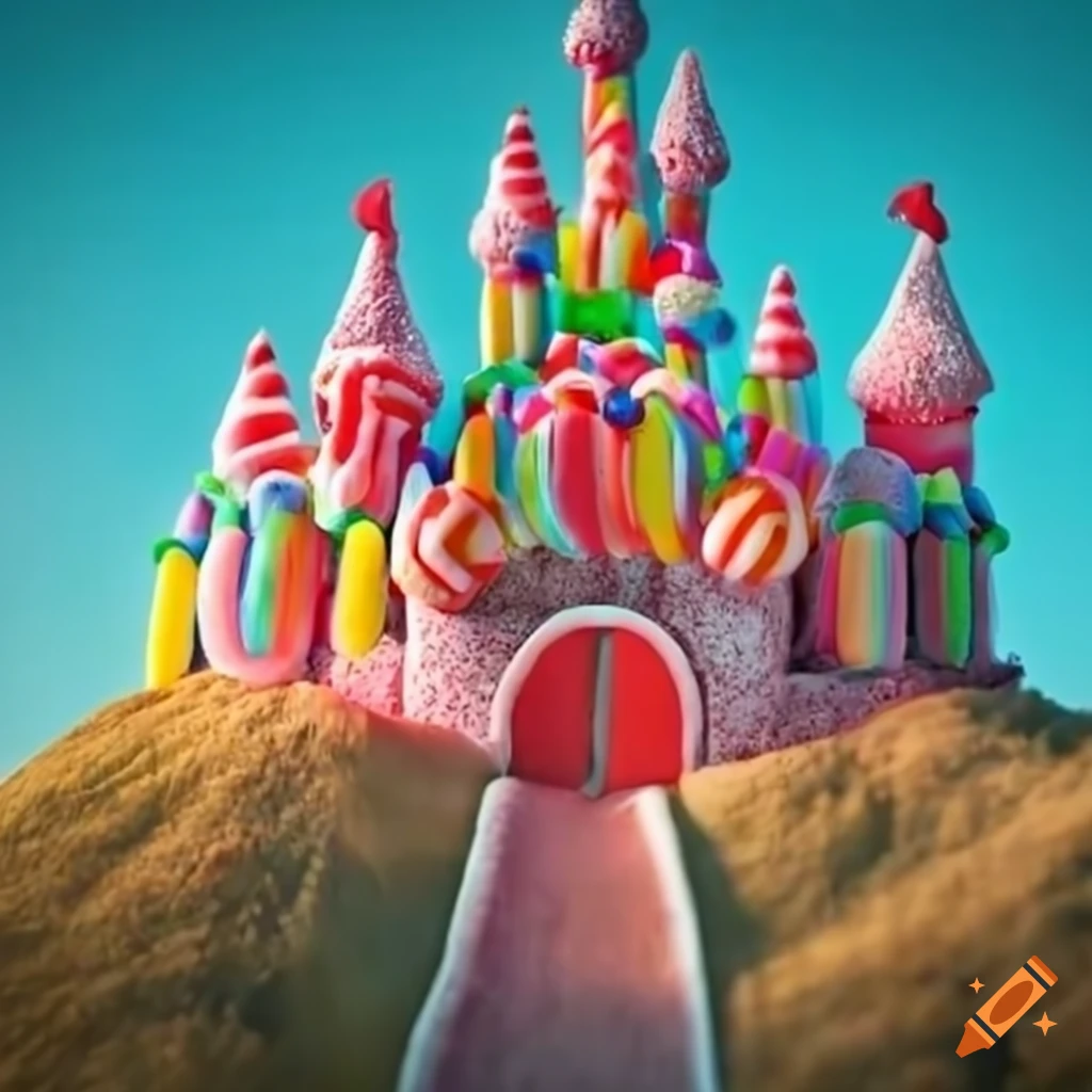 Closeup of a lifesized candy castle on a hill on Craiyon