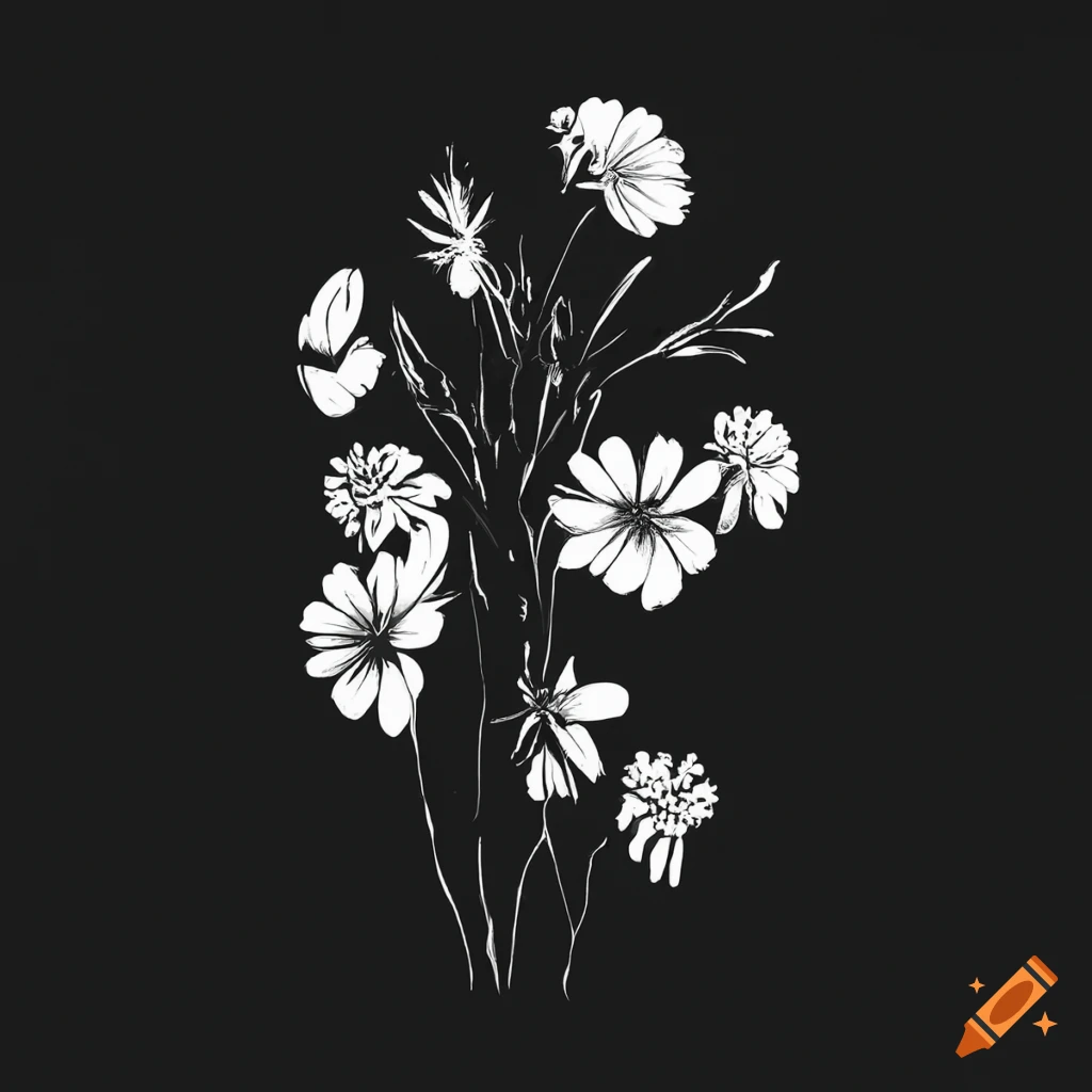 Minimalistic black and white illustration of wild flowers on Craiyon