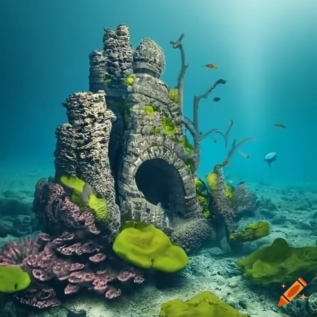 underwater image of a medieval defensive tower surrounded by marine life