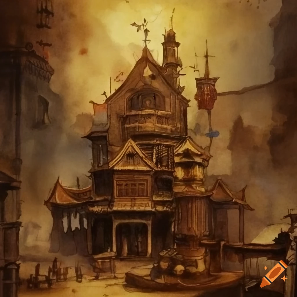 watercolor painting of steampunk-themed scenery in China