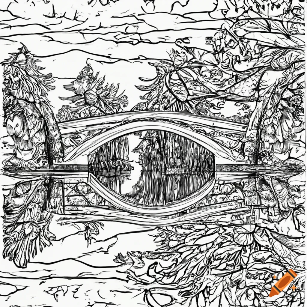 black and white coloring page of a bridge in nature