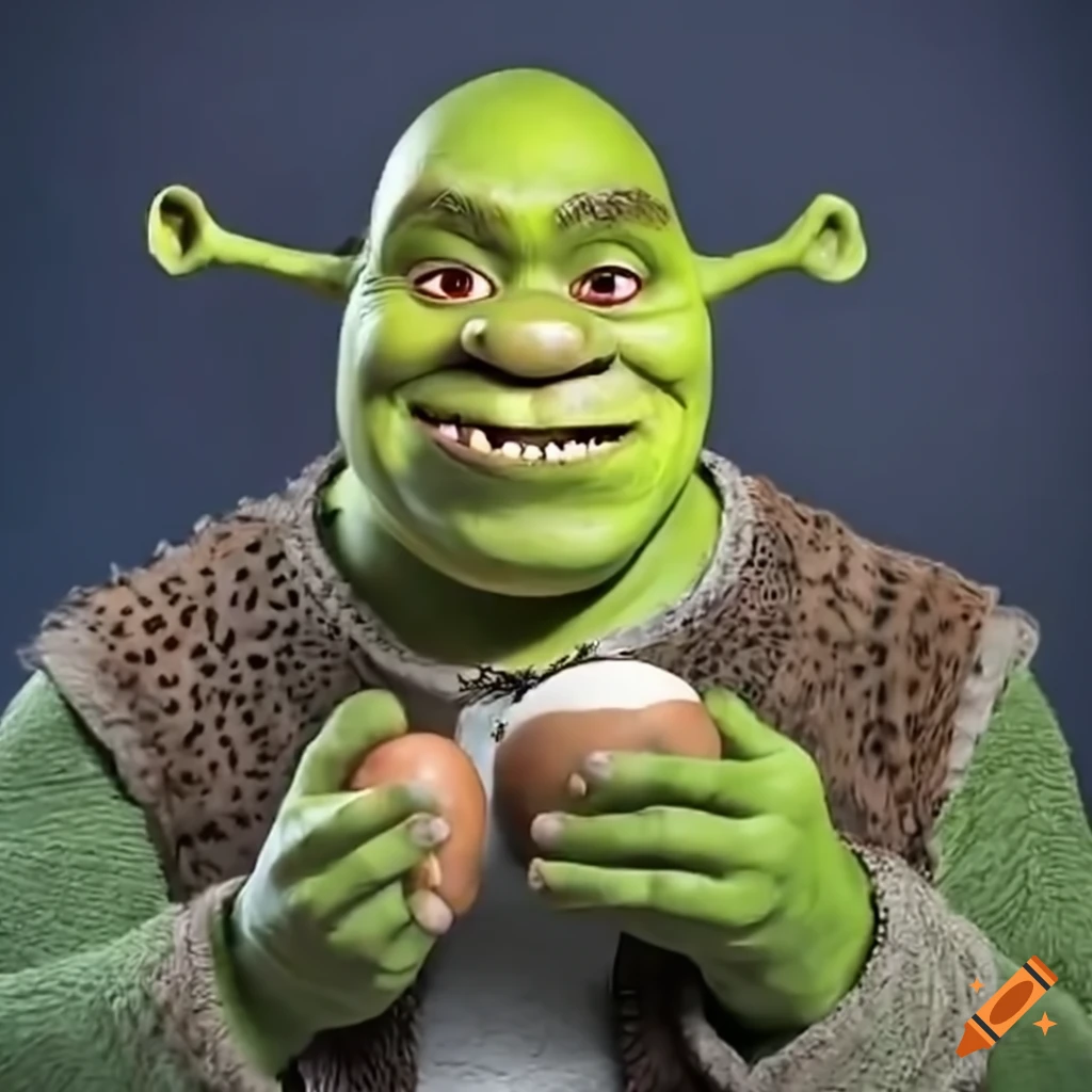 Shrek showing his teeth to an egg delivery man on Craiyon