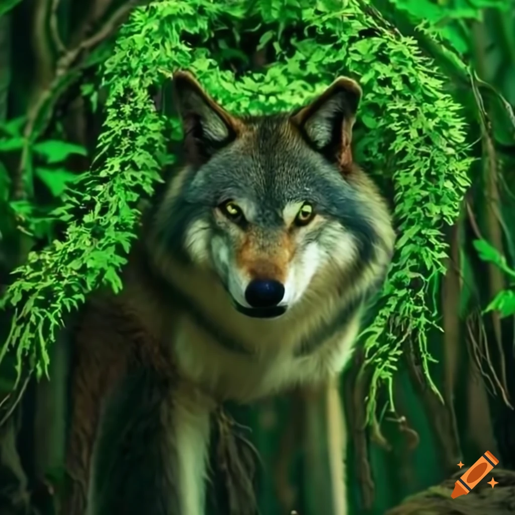 mystical wolf with green vines on fur