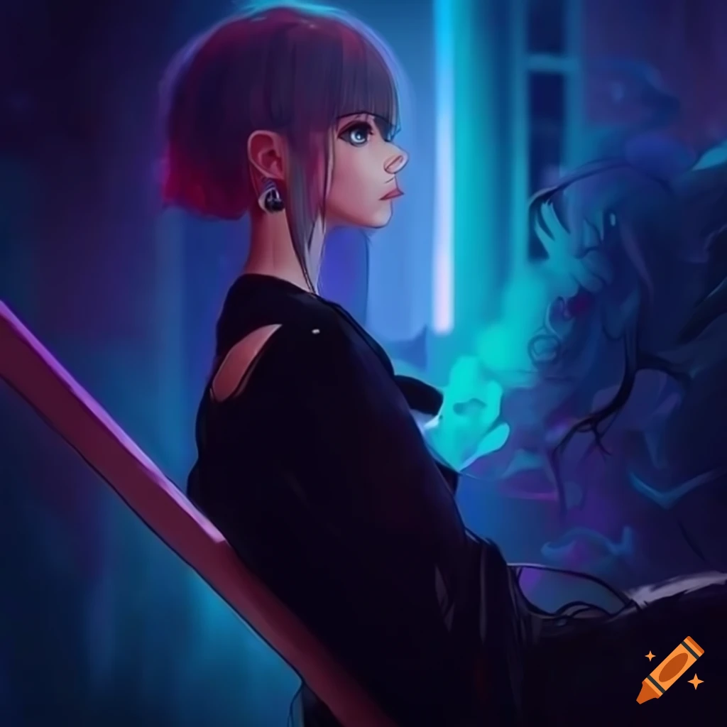 realistic cyberpunk girl with pastel hair and black tattoos