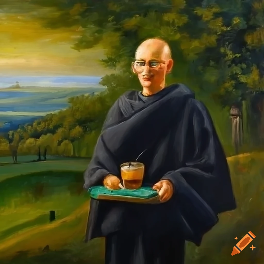 oil painting of a monk on a hill with a cottage in the background