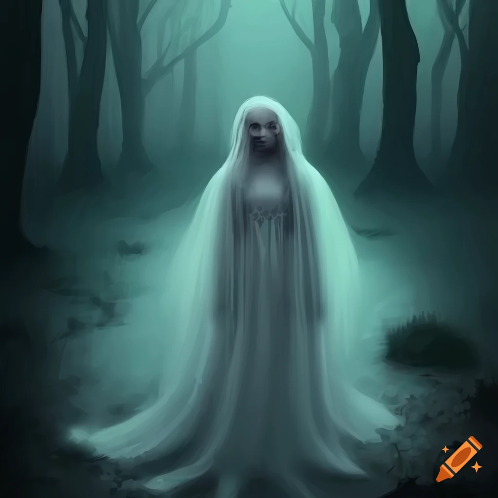 realistic depiction of ethereal ghost girl in misty forest